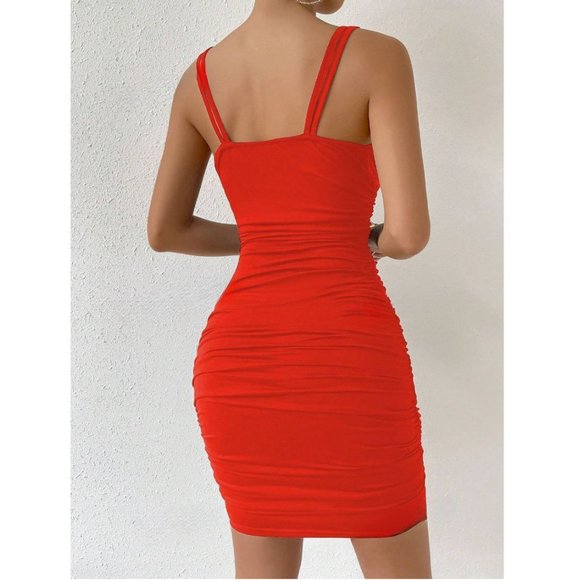 Red Ruched Bodycon Dress - Picture 2 of 5